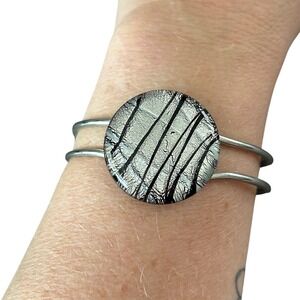 Dichroic Glass Bangle Bracelet Silver Tone Black Striped Round Cabochon Cuffs